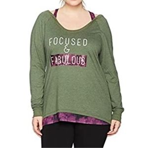 NEW Focused and Fabulous Long Sleeve Green Purple WorkOut Shirt Size 3X